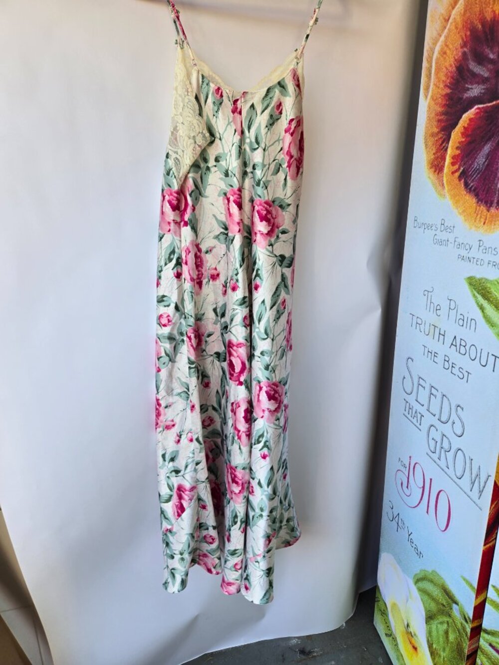 Vintage 90s Satin Rose Print Slip Dress Nightgown Maxi Fairycore Romantic Ballet - Picture 7 of 11
